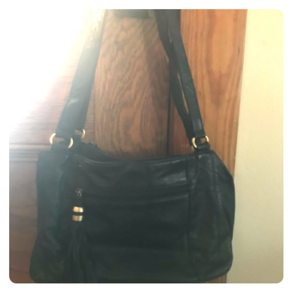 Vintage black leather purse with adjustable strap